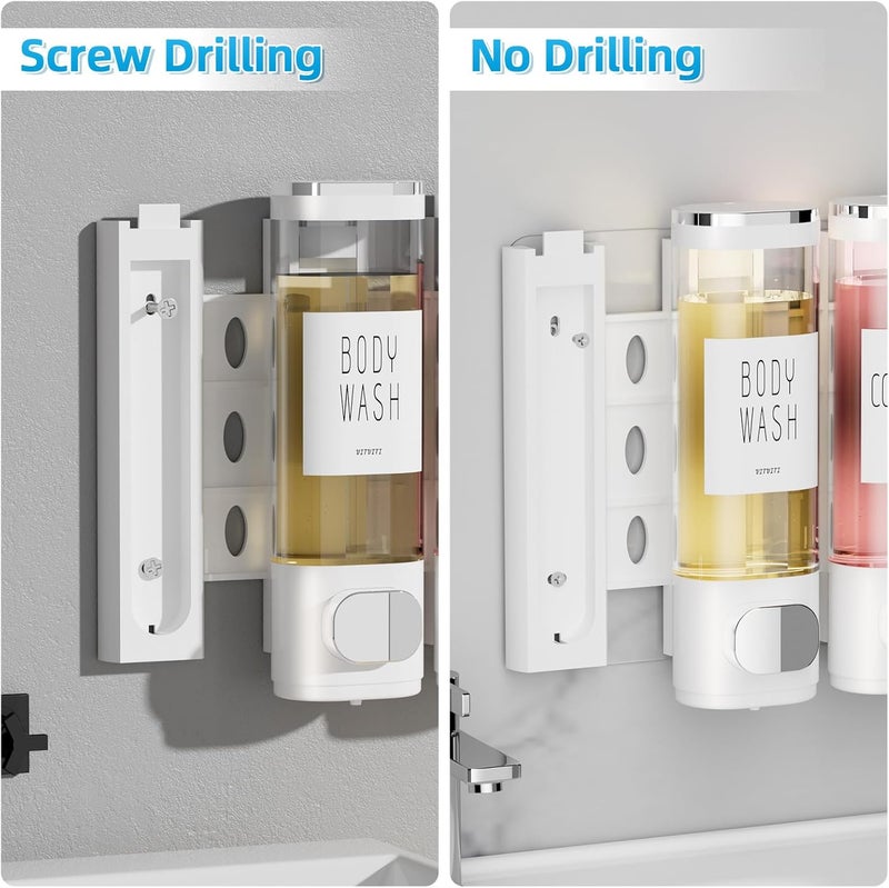 VITVITI Shampoo and Conditioner Dispenser for Shower Wall, Shower Soap Dispenser 3 Chamber No Drill Wall Mounted, 10.2 OZ Plastic Refillable Shower/Body Wash Bottles for Bathroom (White) - Image 5